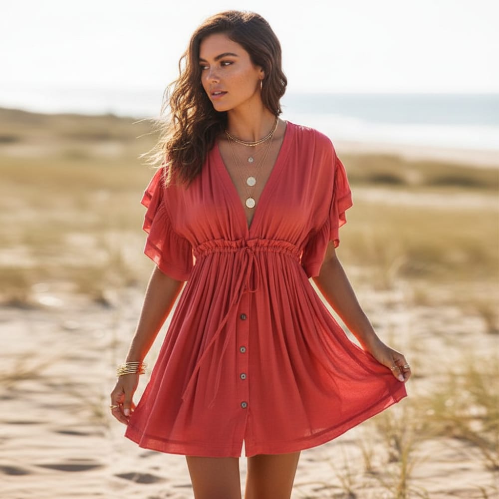 Boho Summer Cover Up Mini Dress V Neck Button-Up Beach Dress in White | Women's Boho Fashion | One Size | Polyester Boho Summer Cover Up Mini Dress V Neck Button-Up Beach Dress in White | Women's Boho Fashion | One Size | Polyester