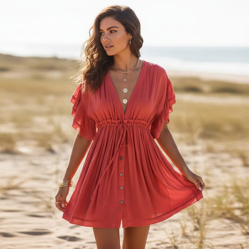 Boho Summer Cover Up Mini Dress V Neck Button-Up Beach Dress in White | Women's Boho Fashion | One Size | Polyester Boho Summer Cover Up Mini Dress V Neck Button-Up Beach Dress in White | Women's Boho Fashion | One Size | Polyester