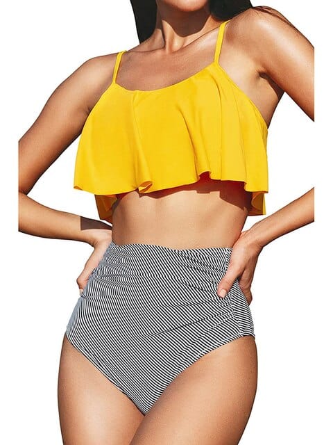 Boho Beach Hut Bikinis, Swimwear, Swimsuit Boho High Waisted Tank Top Bikini Sets Yellow / S