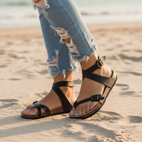 Boho Beach Hut Birkenstocks, Leather sandals, flip flops Cork Platform Flip Flop Sandals Black / 6.5