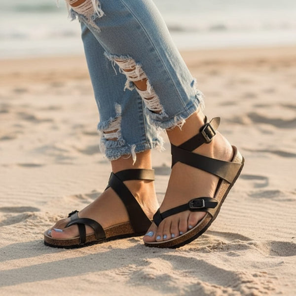 Boho Beach Hut Birkenstocks, Leather sandals, flip flops Cork Platform Flip Flop Sandals Black / 6.5