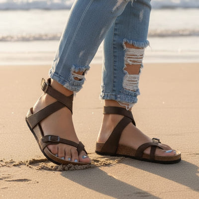 Boho Beach Hut Birkenstocks, Leather sandals, flip flops Cork Platform Flip Flop Sandals Brown / 6.5