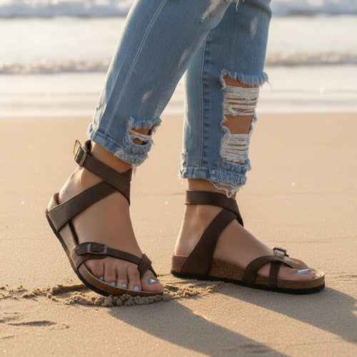 Boho Beach Hut Birkenstocks, Leather sandals, flip flops Cork Platform Flip Flop Sandals Brown / 6.5