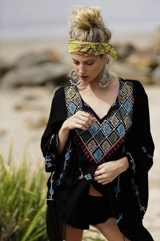 Boho Beach Hut Blouses & Shirts Black / S Long Sleeve Embroidery Hippie Top