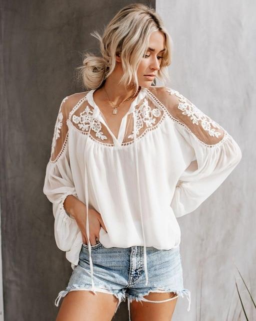 Boho Beach Hut Blouses & Shirts Bohemian Lace Long Sleeve Blouse