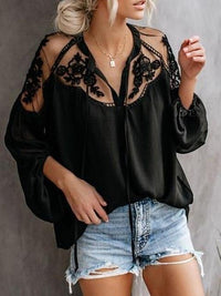 Boho Beach Hut Blouses & Shirts Bohemian Lace Long Sleeve Blouse Black / S