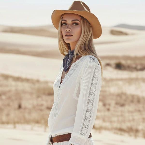 Boho Beach Hut Blouses & Shirts Boho White Lace Floral Embroidery Blouse White / S