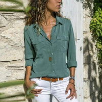 Boho Beach Hut Blouses & Shirts Green / S V Neck Long Sleeve Top with Pockets
