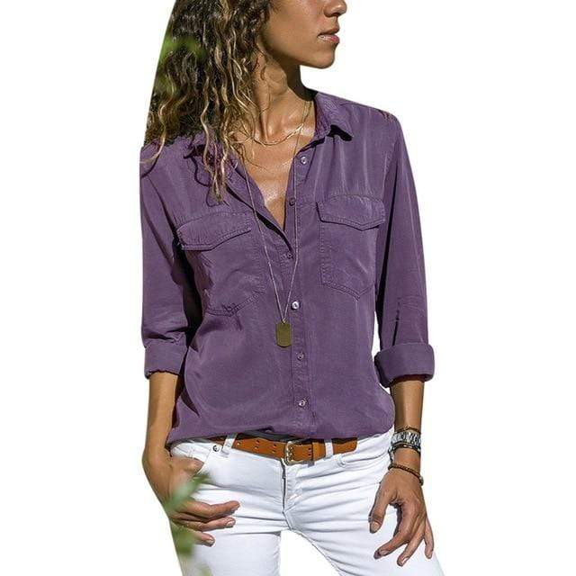 Boho Beach Hut Blouses & Shirts Purple / S V Neck Long Sleeve Top with Pockets