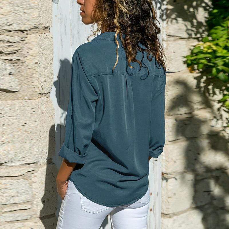 Boho Beach Hut Blouses & Shirts V Neck Long Sleeve Top with Pockets