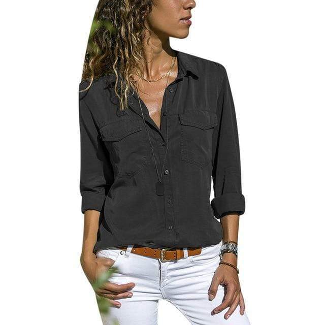 Boho Beach Hut Blouses & Shirts V Neck Long Sleeve Top with Pockets Black / S