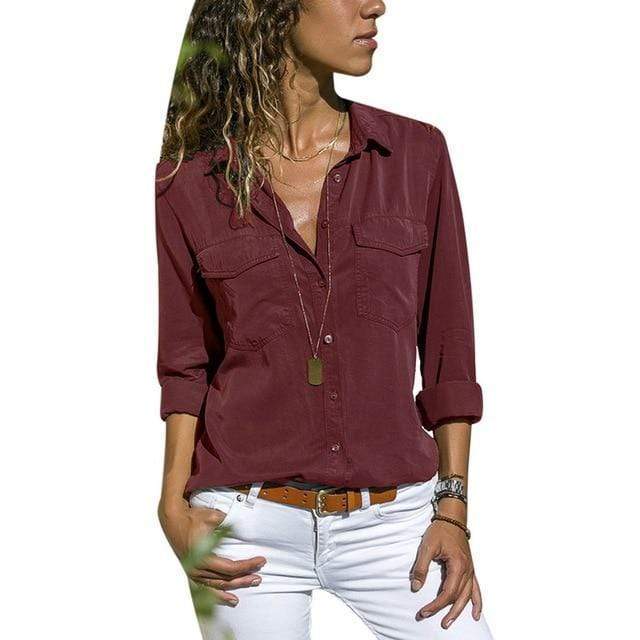 Boho Beach Hut Blouses & Shirts V Neck Long Sleeve Top with Pockets Burgundy / S