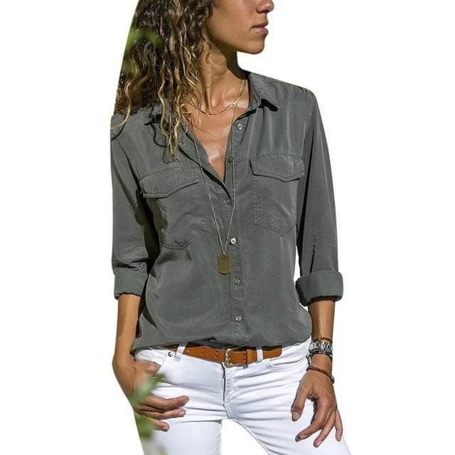 Boho Beach Hut Blouses & Shirts V Neck Long Sleeve Top with Pockets Gray / S