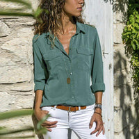 Boho Beach Hut Blouses & Shirts V Neck Long Sleeve Top with Pockets Green / S