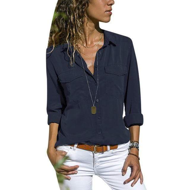 Boho Beach Hut Blouses & Shirts V Neck Long Sleeve Top with Pockets Navy Blue / S