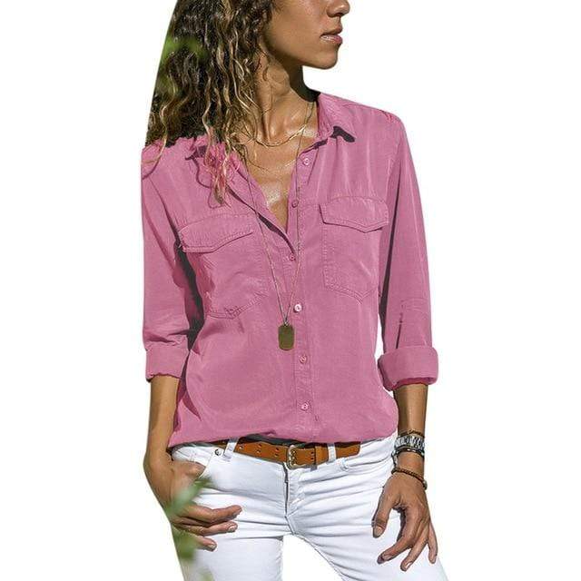 Boho Beach Hut Blouses & Shirts V Neck Long Sleeve Top with Pockets Pink / S