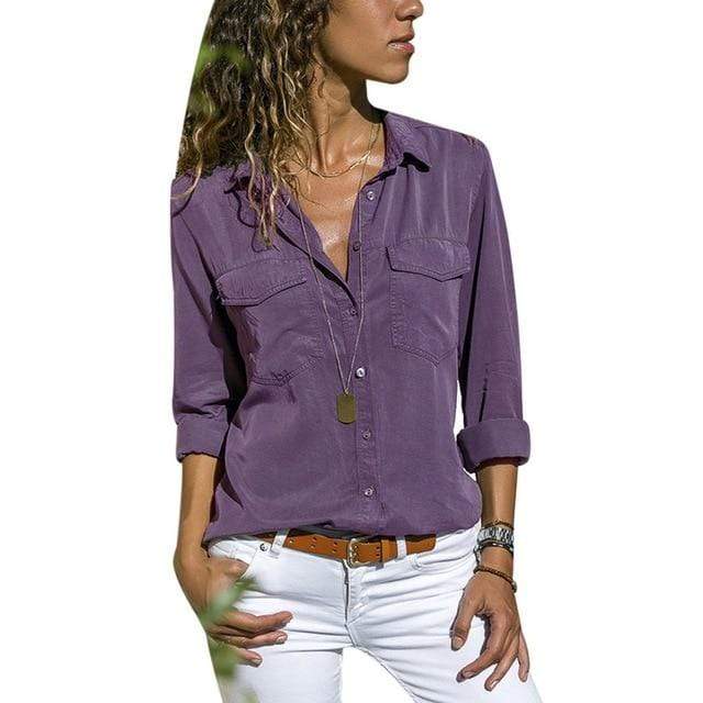 Boho Beach Hut Blouses & Shirts V Neck Long Sleeve Top with Pockets Purple / S