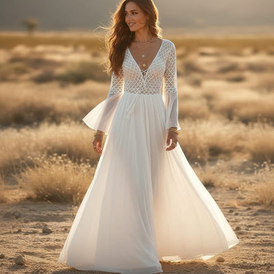 Boho Beach Hut Boho Dress, Beach Dress, Summer Dress, Maxi Dress, Chic Dress, Long Dress, Below knee dress, beach wedding dress, wedding dress, white dress, lace dress, beautiful dress Boho High Waist Lace Maxi Dress White / One Size