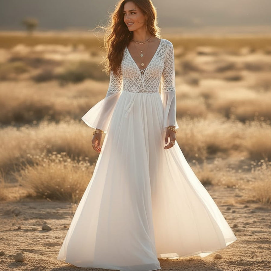Boho Lace Maxi Cover-Up Dress | High Waist Beach Dress in White | Women's Boho Fashion | One Size