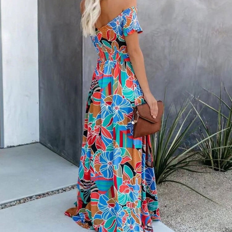Boho Off Shoulder Floral Maxi Dress – Blue Strapless Summer Dress