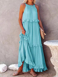 Boho Beach Hut Boho Dress, Beach Dress, Summer Dress, Maxi Dress, Chic Dress, Long Dress, Below knee dress, Sun Dress Boho Ruffle Pullover Summer Maxi Dress Light Blue / S