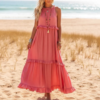 Boho Beach Hut Boho Dress, Beach Dress, Summer Dress, Maxi Dress, Chic Dress, Long Dress, Below knee dress, Sun Dress Boho Ruffle Pullover Summer Maxi Dress Pink / S