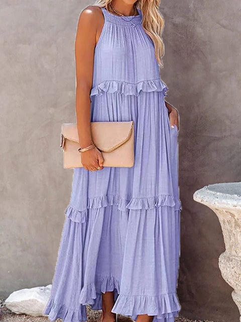 Boho Beach Hut Boho Dress, Beach Dress, Summer Dress, Maxi Dress, Chic Dress, Long Dress, Below knee dress, Sun Dress Boho Ruffle Pullover Summer Maxi Dress Purple / S