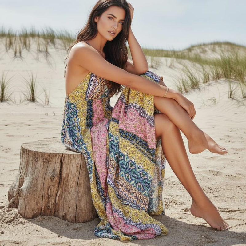 Sexy Deep V-Neck Boho Maxi Dress Pink Floral Sleeveless A-Line Dress Boho Beach Hut Sexy Deep V-Neck Boho Maxi Dress Pink Floral Sleeveless A-Line Dress Boho Beach Hut