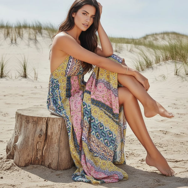 Boho Beach Hut Boho Dress, Beach Dress, Summer Dress, Maxi Dress, Chic Dress, Long Dress, Below knee dress, Sundress, Maxi Dress, Long Dress Sexy Deep V Neck Bohemian Print Maxi Dress