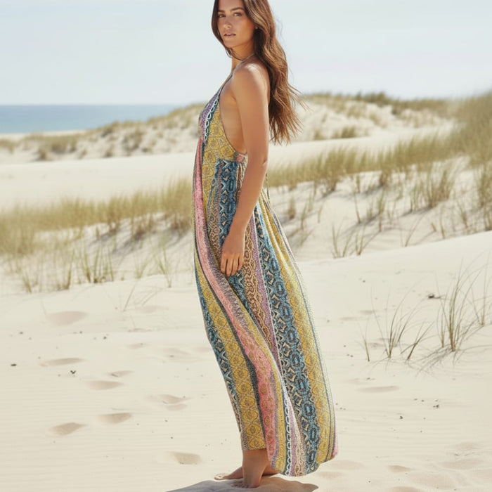 Side and back view of colorful boho maxi dress with deep V-neck, spaghetti straps, empire waist and open back