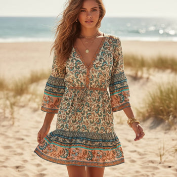 Boho Beach Hut Boho Dress, Plus Size dress, red dress, Khaki Dress, floral dress, hippie dress Boho Floral Print Mini Dress Khaki / S