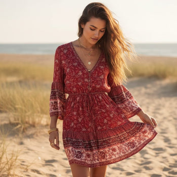Boho Beach Hut Boho Dress, Plus Size dress, red dress, Khaki Dress, floral dress, hippie dress Red / S Boho Floral Print Mini Dress