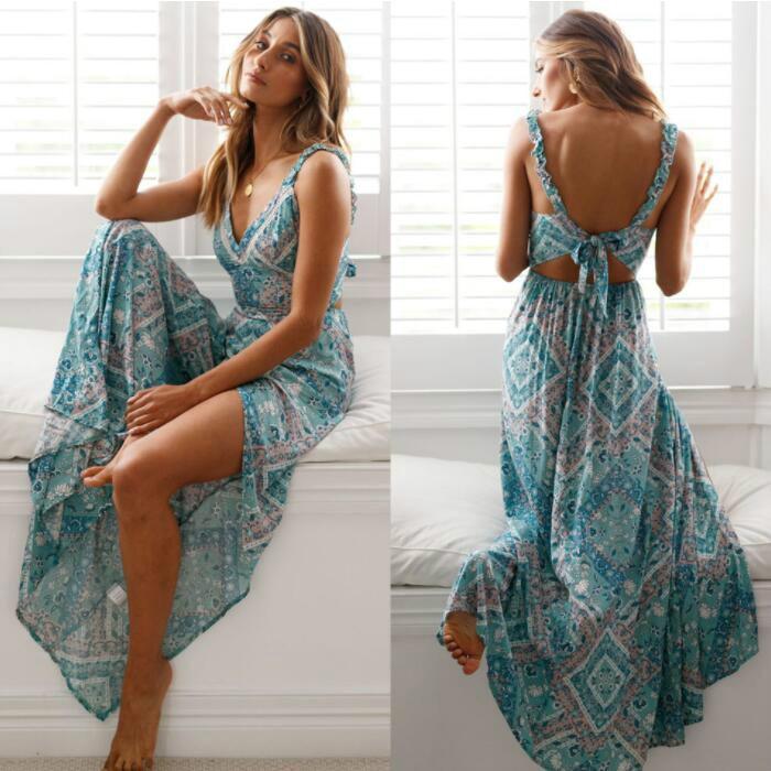 Boho Beach Hut Boho Dress, plus size dress, sleeveless dress, Beach Dress, Summer Dress, Maxi Dress, Chic Dress, Long Dress, Below knee dress, Sun Dress, open back dress, backless dress, floral dress, blue dress, sexy dress Bohemian Sexy Backless Maxi Dress Blue / S