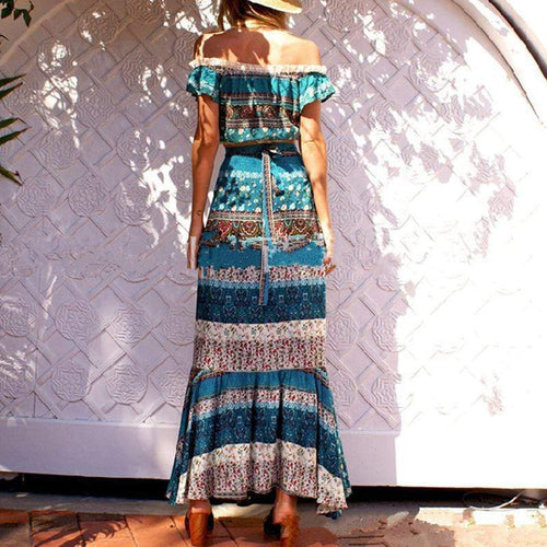 Boho Beach Hut Boho Dress, Summer Dress, 2 piece dress, green dress, plus size dress, beach dress Boho Floral Printed 2 Piece Maxi Dress