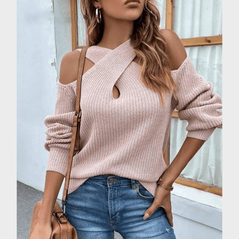 Boho Beach Hut Boho Sweater, Off Shoulder Sweater, Pink Sweater Chic Open Shoulder Knit Sweater Pink / S