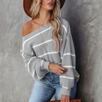 Boho Beach Hut Boho Sweater, Striped Sweater, Knit Sweater Gray / S Boho Chic Striped Knit Off Shoulder Sweater