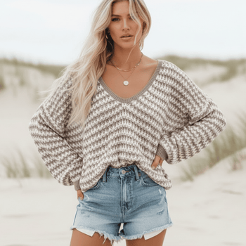 Boho Beach Hut Boho Sweater, Striped Sweater, White Sweater, Pink Sweater, Brown Sweater Striped Knit Boho Sweater