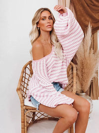 Boho Beach Hut Boho Sweater, Striped Sweater, White Sweater, Pink Sweater, Brown Sweater Striped Knit Boho Sweater Pink / S