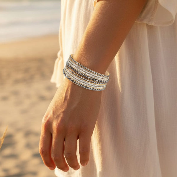 Boho Beach Hut Bracelets Beige / One Size Leather Rhinestone Bracelet