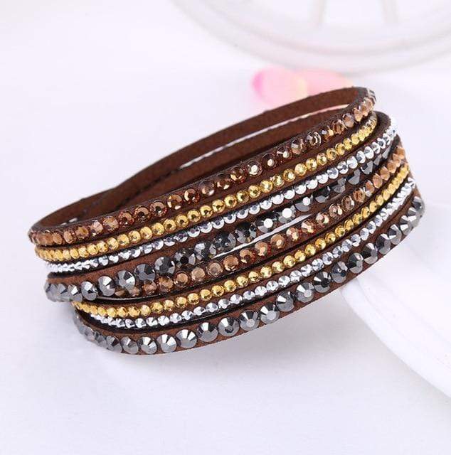 Boho Beach Hut Bracelets Brown / One Size Leather Rhinestone Bracelet