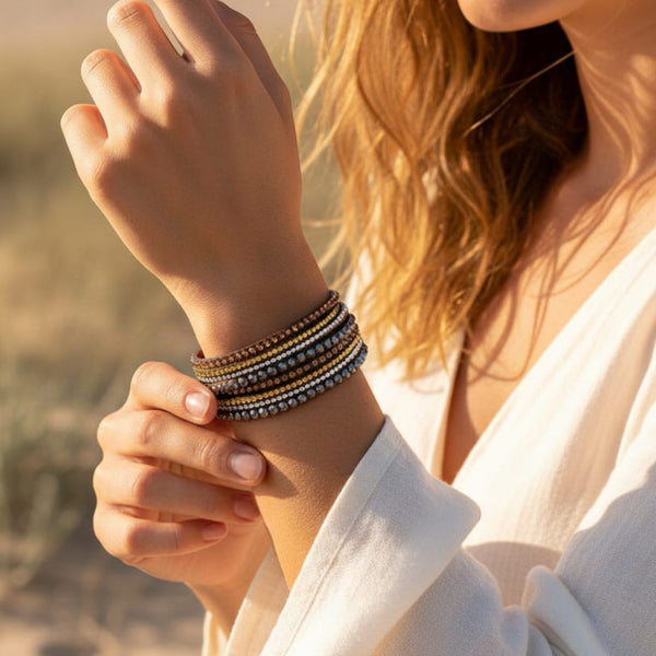 Boho Beach Hut Bracelets Brown / One Size Leather Rhinestone Bracelet