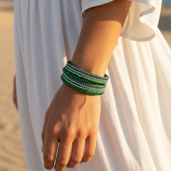 Boho Beach Hut Bracelets Green / One Size Leather Rhinestone Bracelet