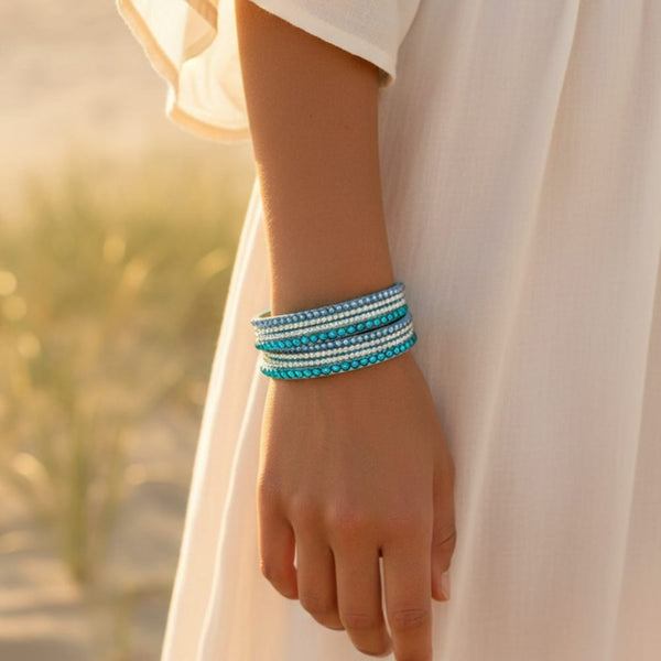 Boho Beach Hut Bracelets Leather Rhinestone Bracelet Baby Blue / One Size