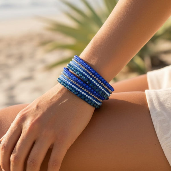 Boho Beach Hut Bracelets Leather Rhinestone Bracelet Blue / One Size