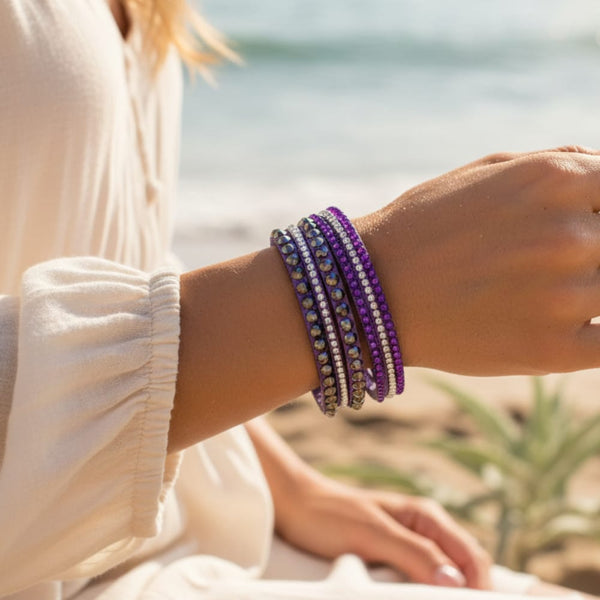 Boho Beach Hut Bracelets Leather Rhinestone Bracelet Purple / One Size