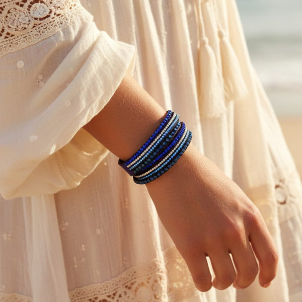 Boho Beach Hut Bracelets Navy / One Size Leather Rhinestone Bracelet