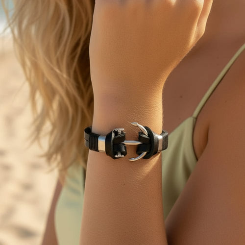 Boho Beach Hut Bracelets Vintage Leather Anchor Bracelet Black / One Size