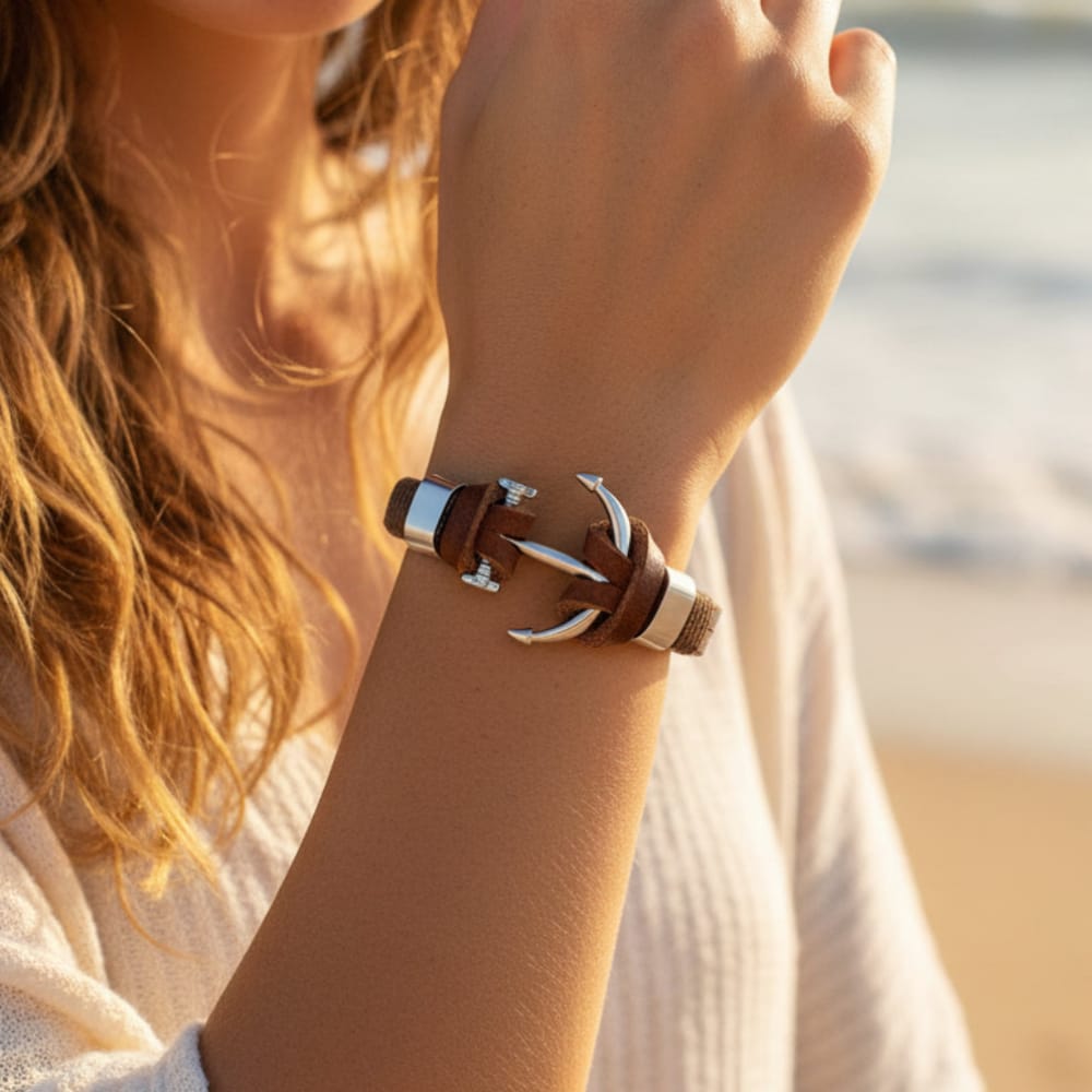 Boho Beach Hut Bracelets Vintage Leather Anchor Bracelet Brown / One Size