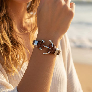 Boho Beach Hut Bracelets Vintage Leather Anchor Bracelet Brown / One Size