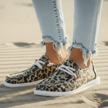 Boho Beach Hut Canvas Shoes, Slip On Shoes Leopard Print / 5 Slip On Canvas Shoes